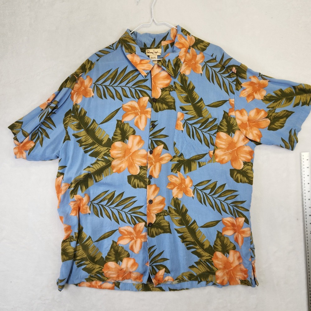 Panama Jack Mens XXL Blue Orange Hibiscus Floral Rayon Short Sleeve Camp Shirt‎